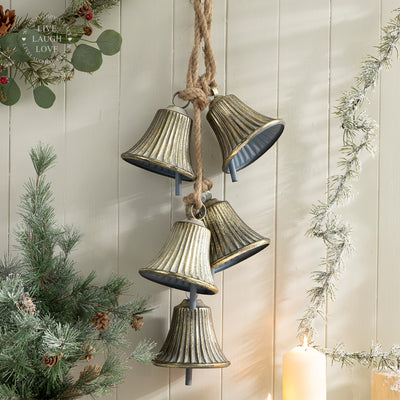 Vintage Christmas Bell Garland - 5 Metal Bells on Jute Rope