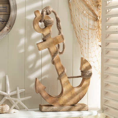 Large Rustic Wooden Anchor with Rope – Nautical Beach House Decor