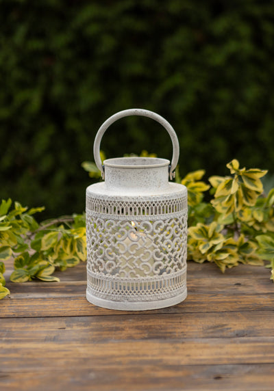 Vintage White Metal Lantern with Cut-Out Pattern
