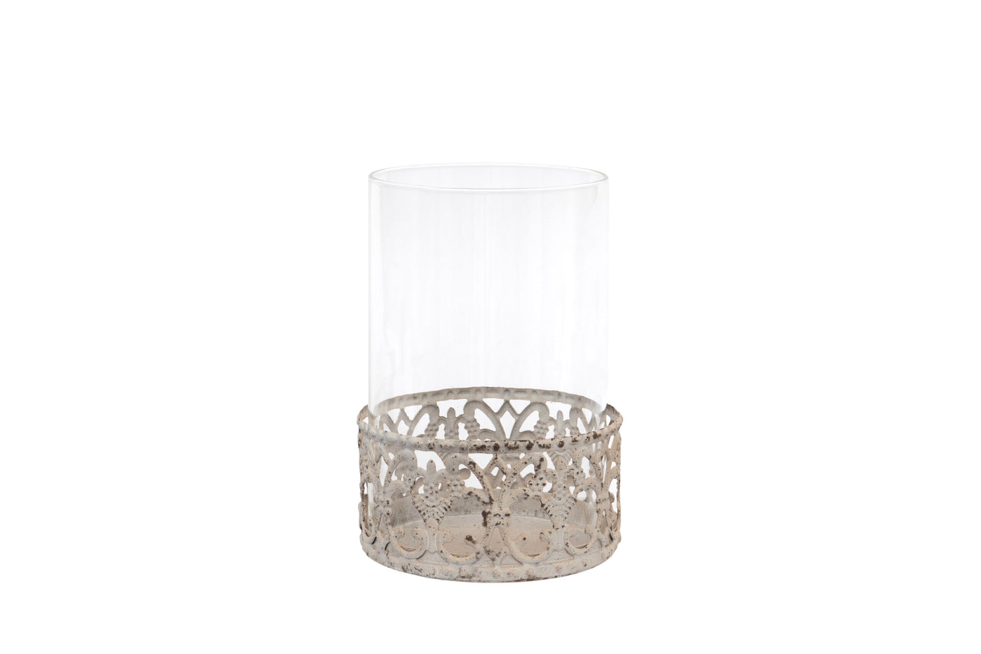 Rustic Glass Hurricane Lantern with Ornate Metal Base