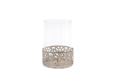 Rustic Glass Hurricane Lantern with Ornate Metal Base