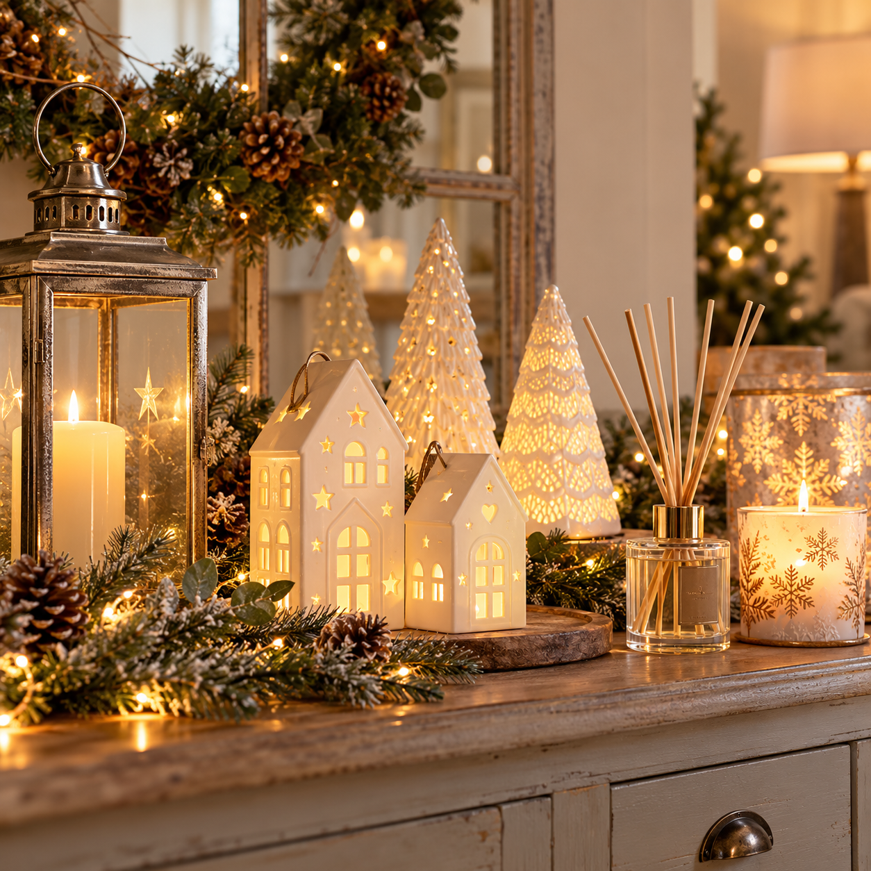 Christmas lights, candles and fragrance