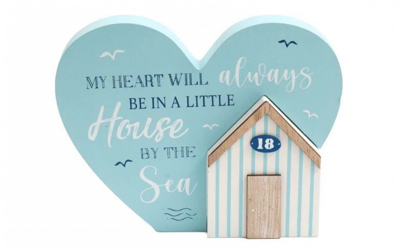 Nautical Heart Shaped Shelf Sitter with  Beach Hut Décor