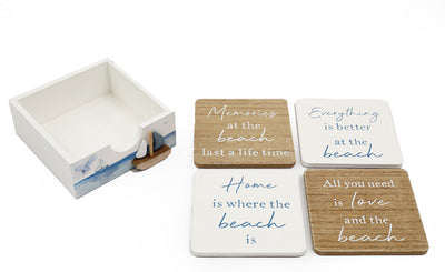 Set of 4 Coastal Quote Coasters with Wooden Holder – Beach Design