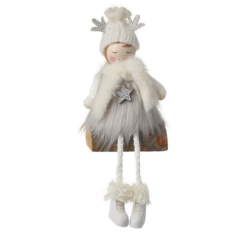Wooden Girl Shelf Sitter with Rope Legs and Faux Fur