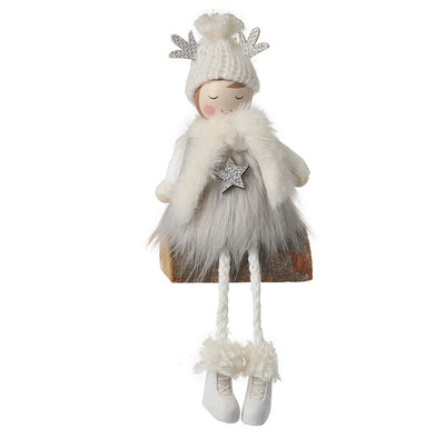 Wooden Girl Shelf Sitter with Rope Legs and Faux Fur