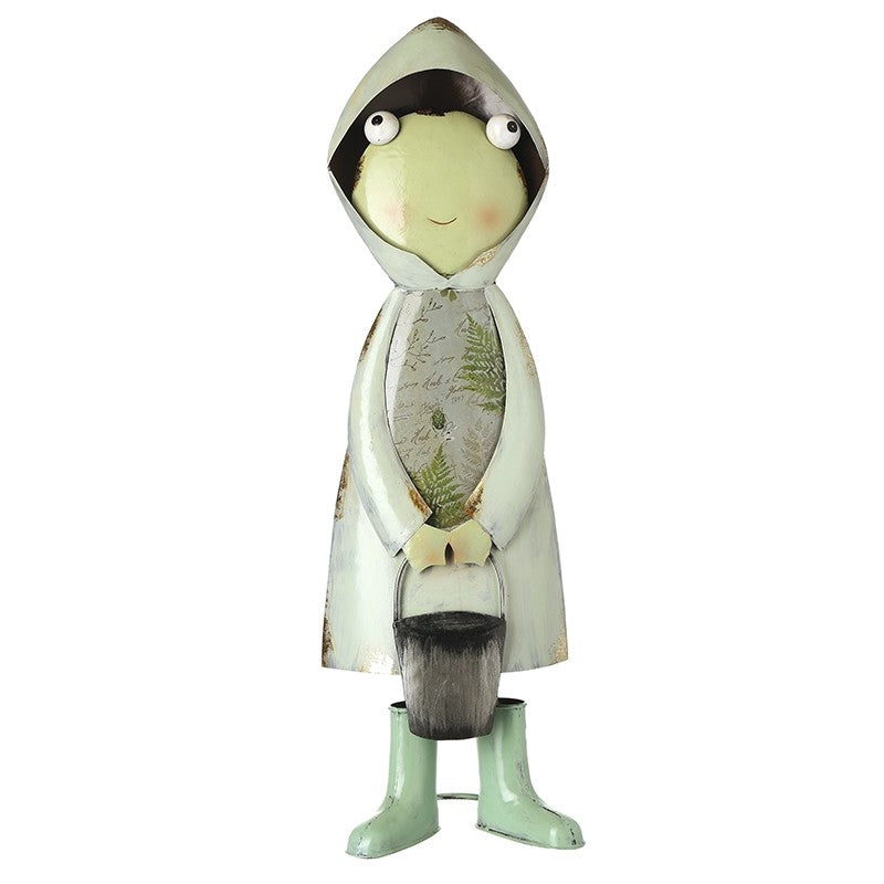 Quirky Metal Frog in Raincoat Garden Ornament – Rustic Outdoor Decor