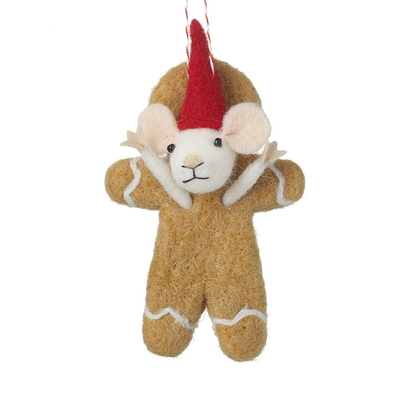 Felt mouse ornament in gingerbread suit with red hat, handcrafted for Christmas tree decoration.