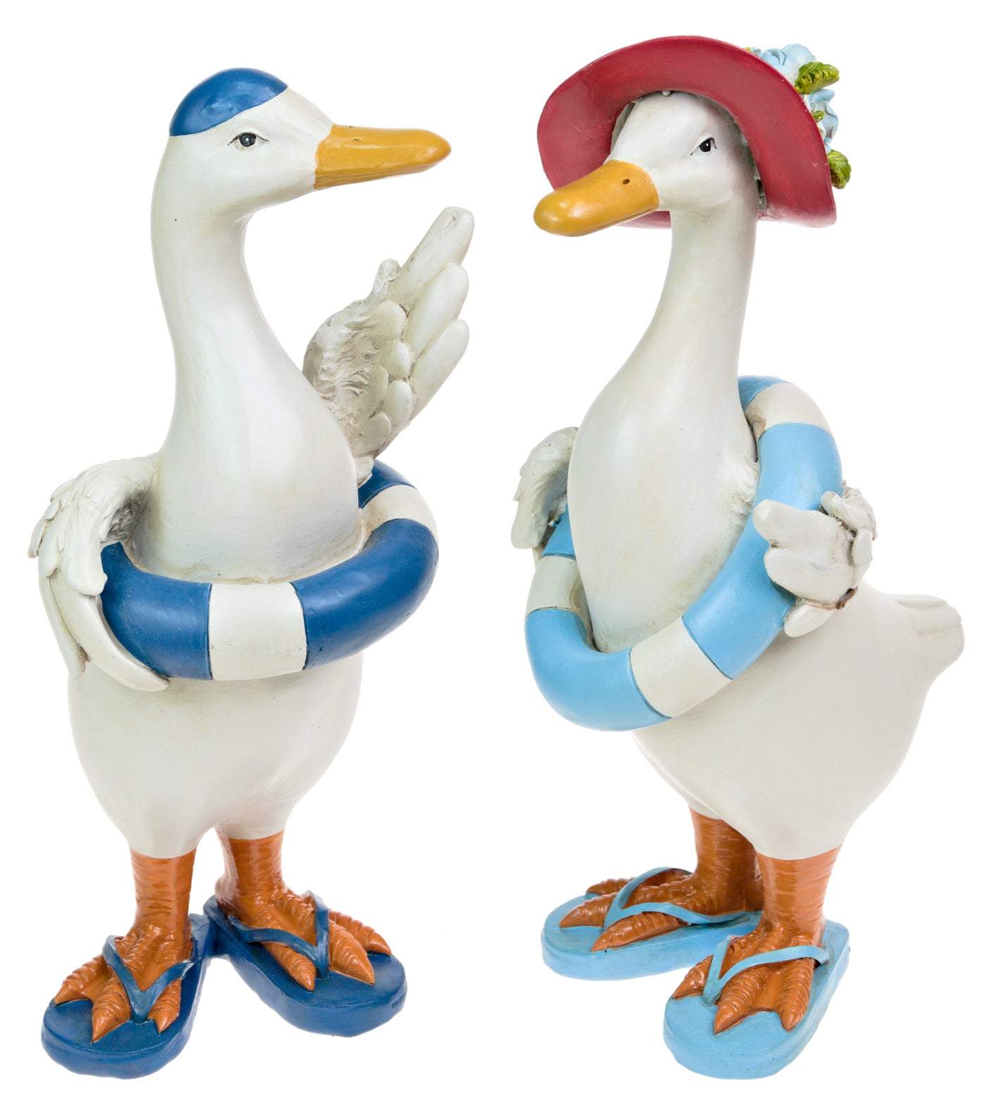 Pair of Nautical Beach Ducks with Swim Rings and Flip Flops