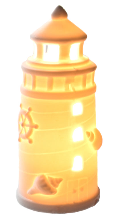 LED Ceramic Lighthouse Light – Coastal White Porcelain Ornament