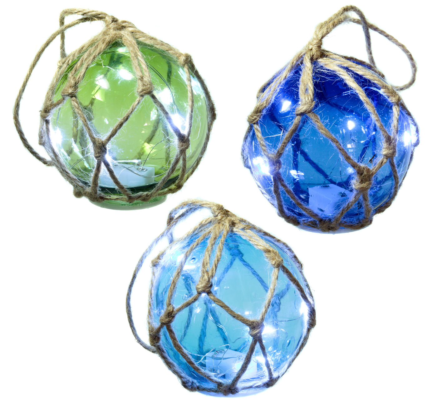 LED Nautical Glass Buoy Ornament with Rope – Coastal Hanging Light