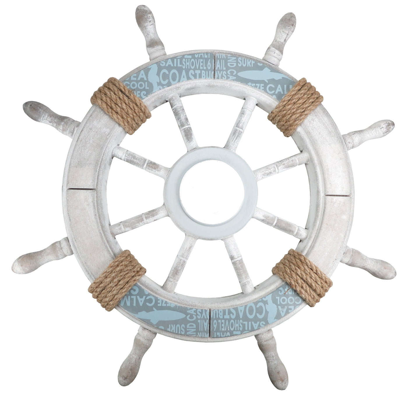 Large 61cm Nautical Ship Wheel Wall Decor – White & Blue with Rope Detailing