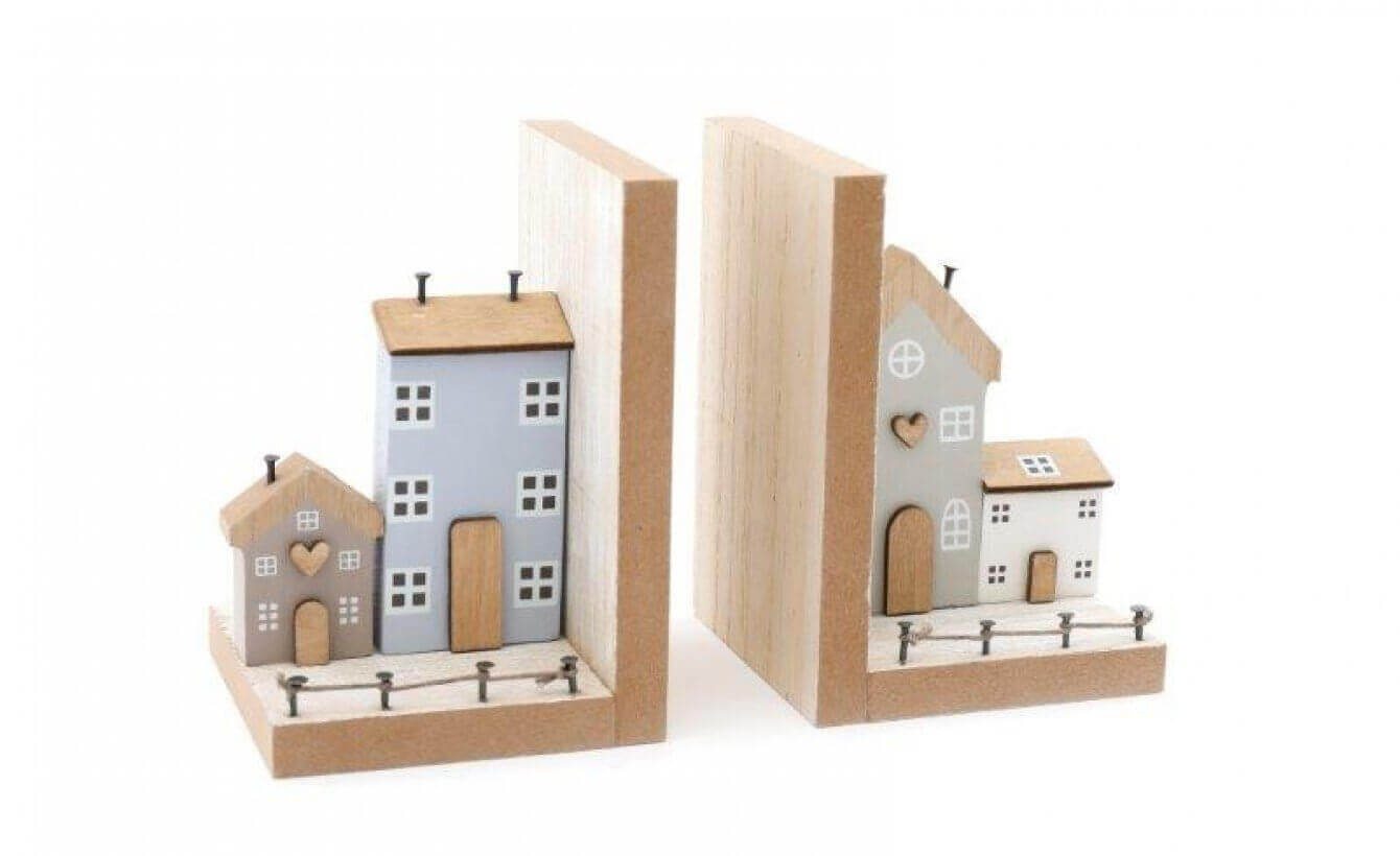 13cm Wooden Houses Bookends - LIVE LAUGH LOVE LIMITED