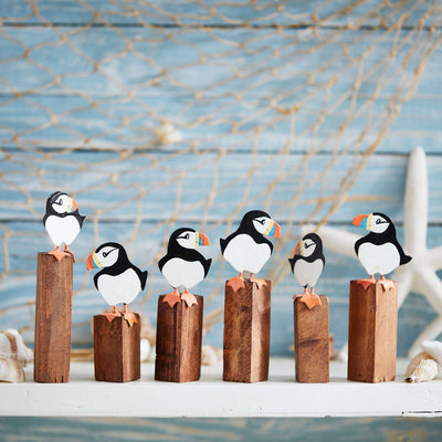 Metal Nautical Puffins On Wooden Blocks