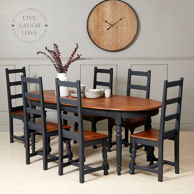 Vintage Oval Painted Oak Dining Table W/ Six Chairs
