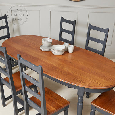 Vintage Oval Painted Oak Dining Table W/ Six Chairs