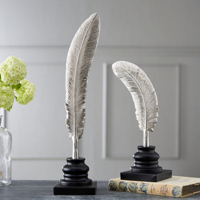 Set of 2 Silver Feathers on Metal Base