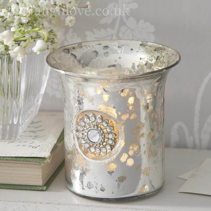 Antique Silver Glass Tea Light Holder-Fluted with Diamante Brooch - LIVE LAUGH LOVE LIMITED