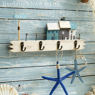 Beach House Plaque W/ Hooks - Blue Sign - LIVE LAUGH LOVE LIMITED