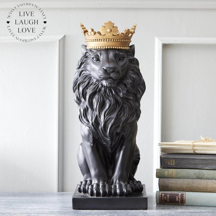 Black Lion With Gold Crown Sculpture - LIVE LAUGH LOVE LIMITED