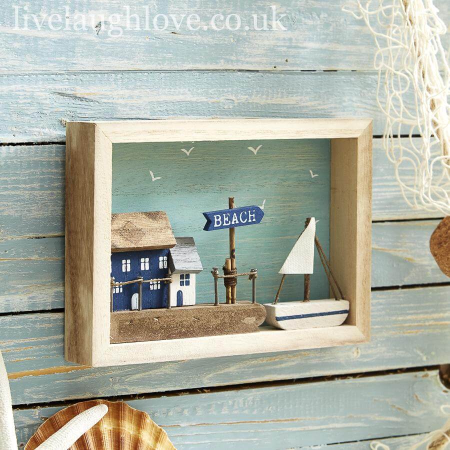 Box Frame Nautical Wall Hanger - Beach Huts - LIVE LAUGH LOVE LIMITED