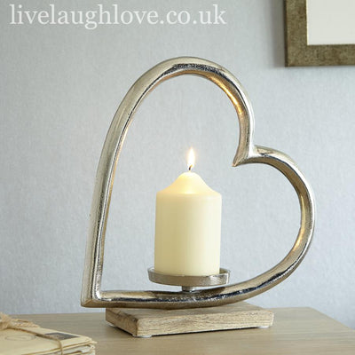 Cast Metal Large Silvered Heart Candle Holder On Wooden Plinth - LIVE LAUGH LOVE LIMITED