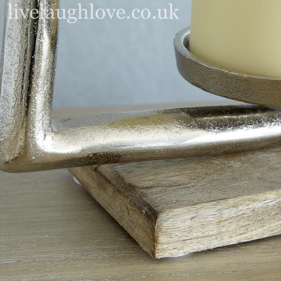 Cast Metal Large Silvered Heart Candle Holder On Wooden Plinth - LIVE LAUGH LOVE LIMITED