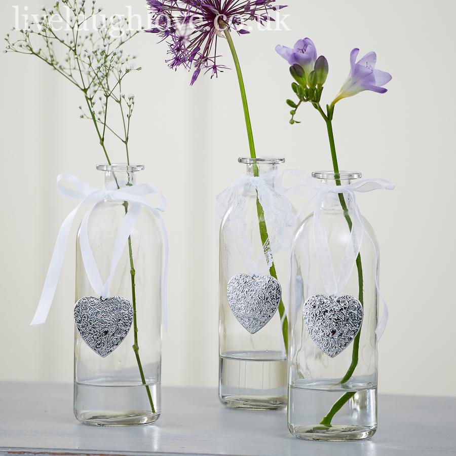 Clear Glass Bottle With Ribbon & Heart - Set Of 3 - LIVE LAUGH LOVE LIMITED