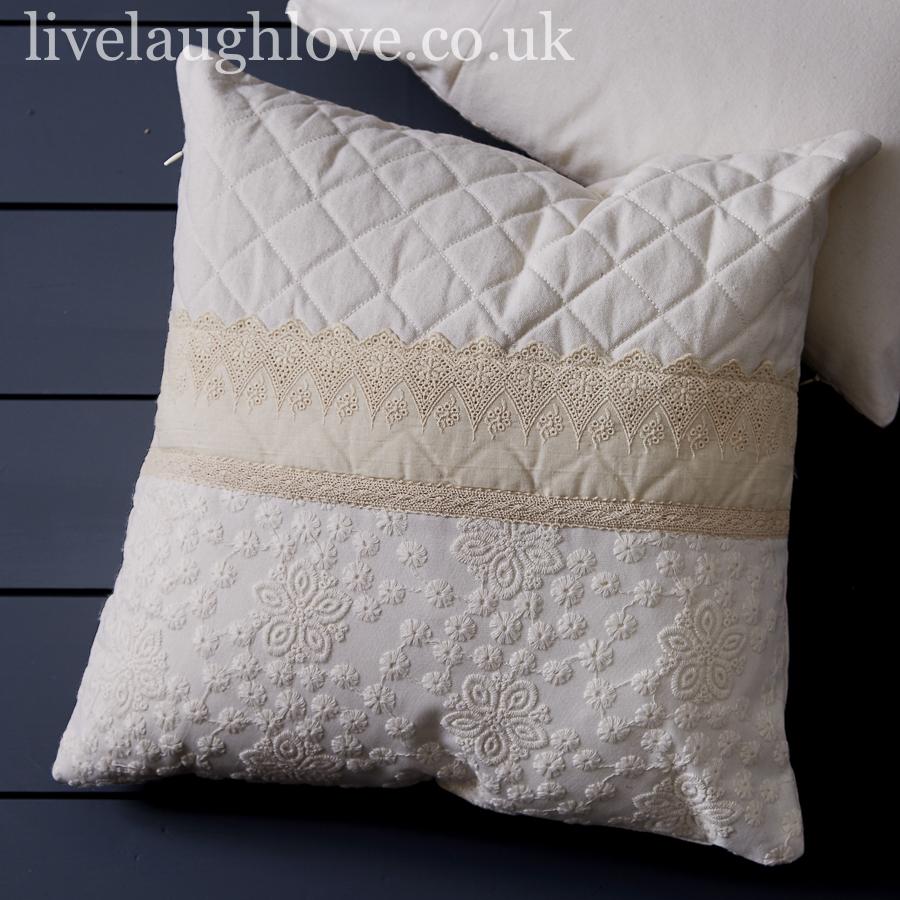 Cream Embroidered Lace Cushion Cover - LIVE LAUGH LOVE LIMITED