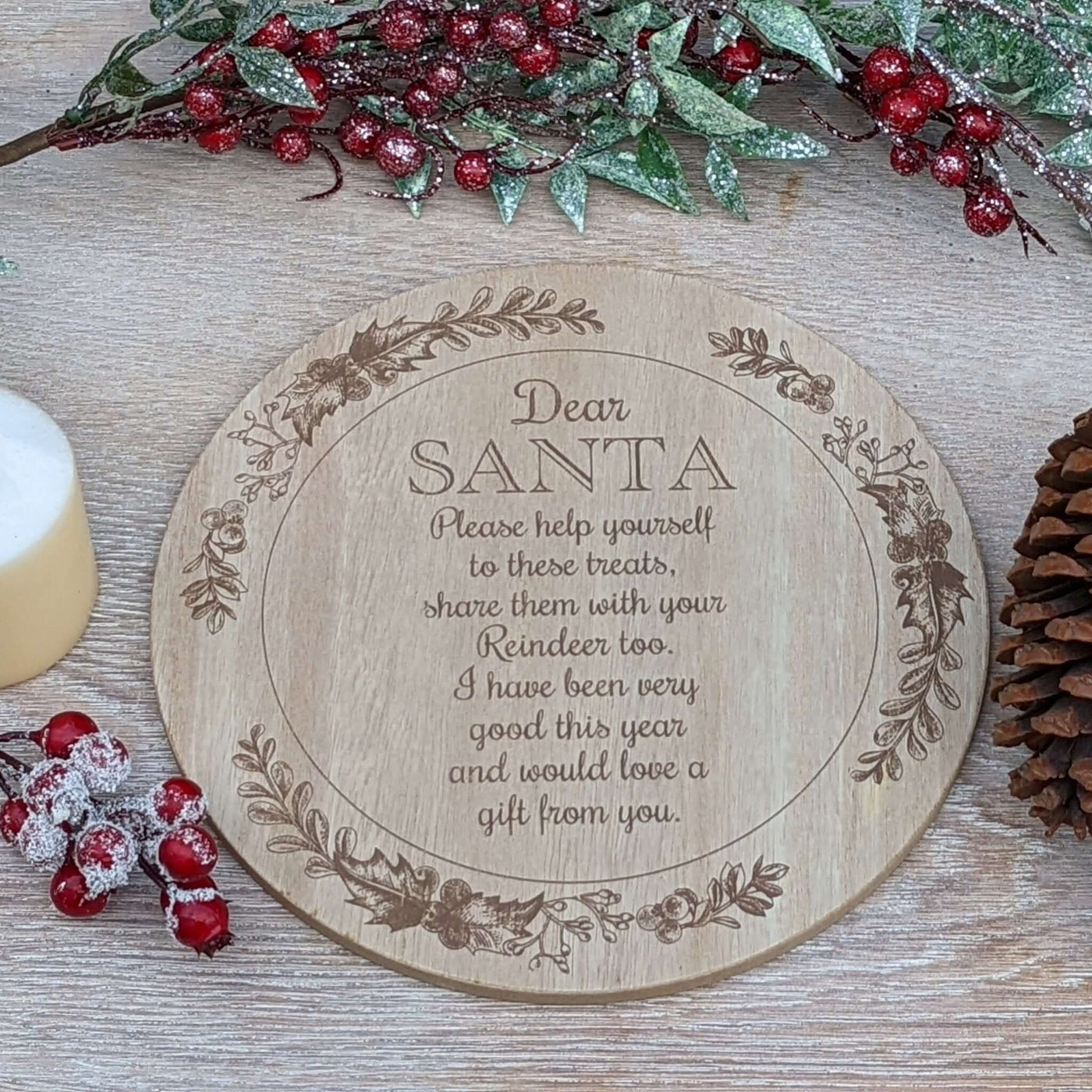 Dear Santa Large Round Wooden Treat Tray / Coaster - LIVE LAUGH LOVE LIMITED