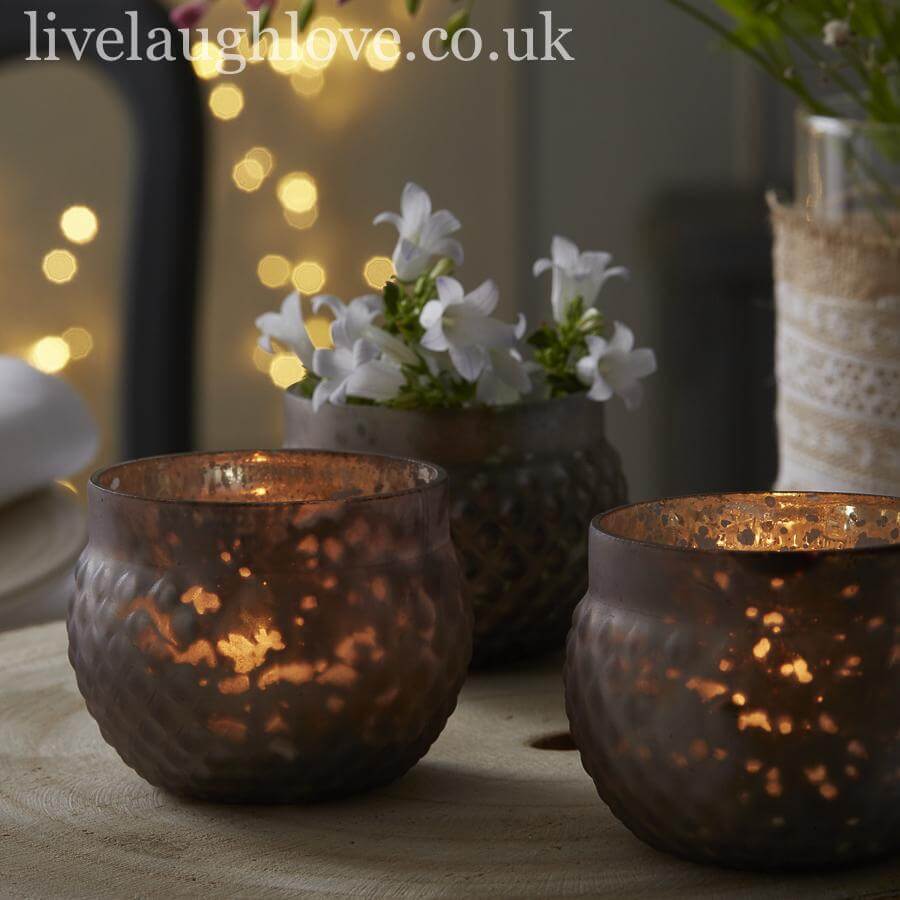 Decorative Glass Lustre Tea Light Holder - Grey / SET OF 3 - LIVE LAUGH LOVE LIMITED