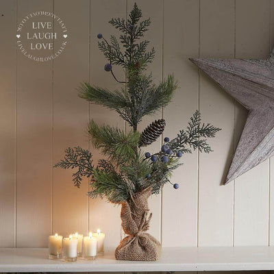 Faux Fir & Blue Berry Tree In Hessian Sack - LIVE LAUGH LOVE LIMITED