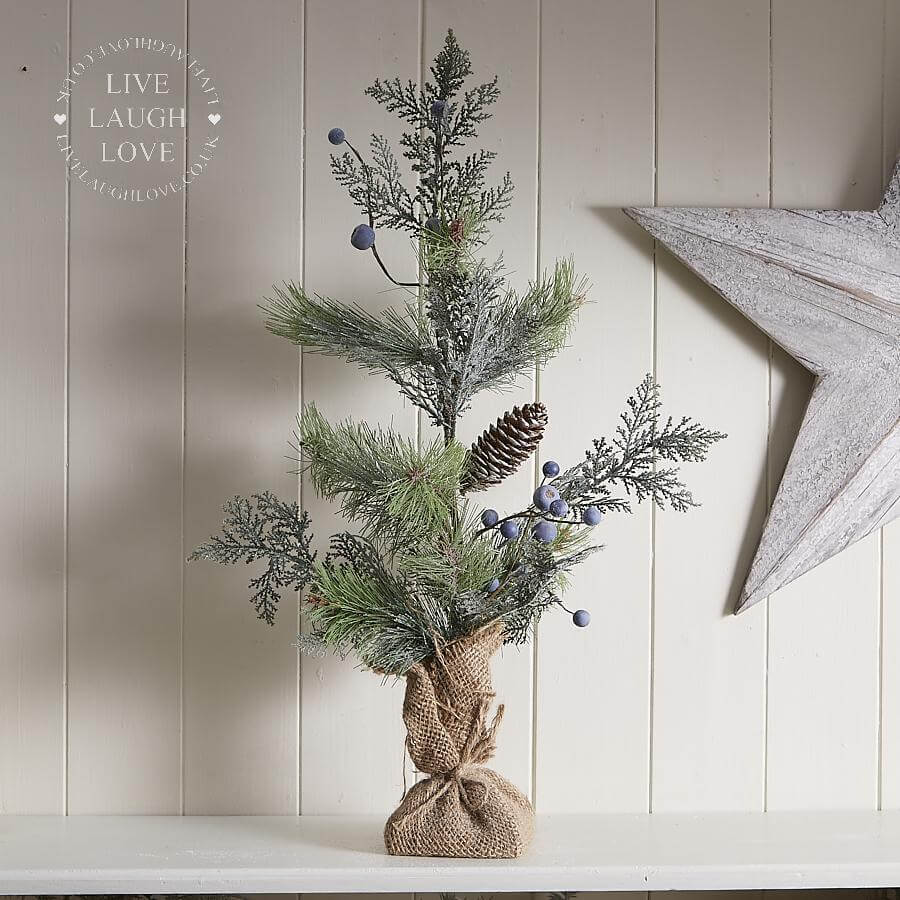 Faux Fir & Blue Berry Tree In Hessian Sack - LIVE LAUGH LOVE LIMITED