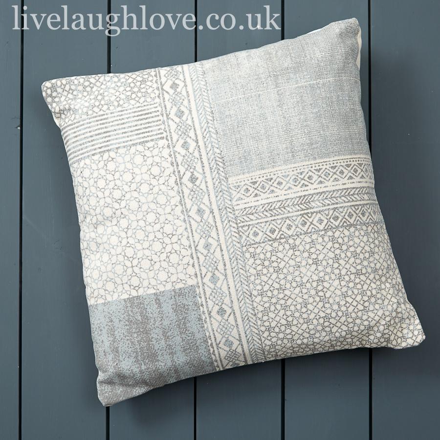 Flower & Diamond Pattern Cushion - Blue Grey - LIVE LAUGH LOVE LIMITED