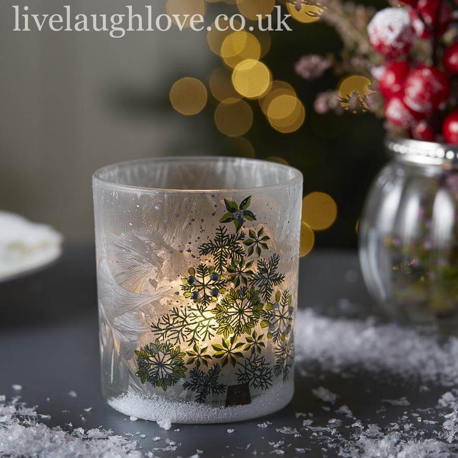Frost Effect Glass Tea Light Holder W/ Christmas Tree - LIVE LAUGH LOVE LIMITED