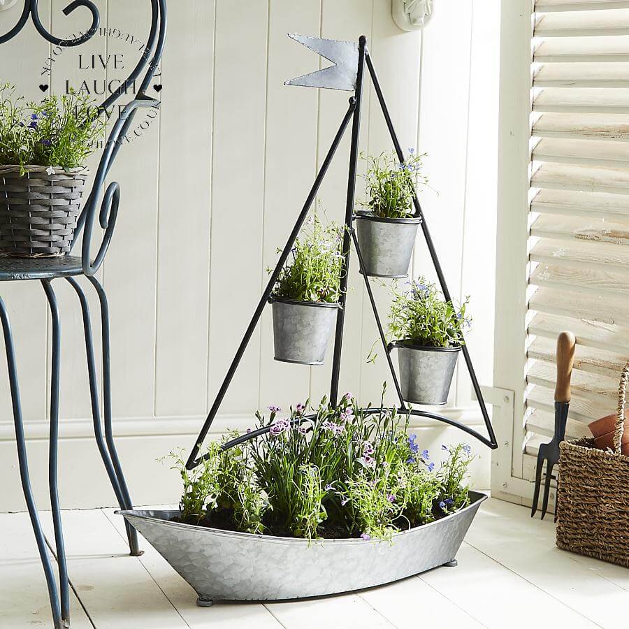 Galvanized Boat Planter with 3 Metal Pots - LIVE LAUGH LOVE LIMITED