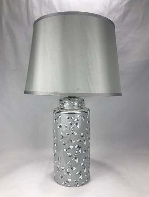 Grey Ceramic Scroll Lamp with Silver Fabric Shade - LIVE LAUGH LOVE LIMITED