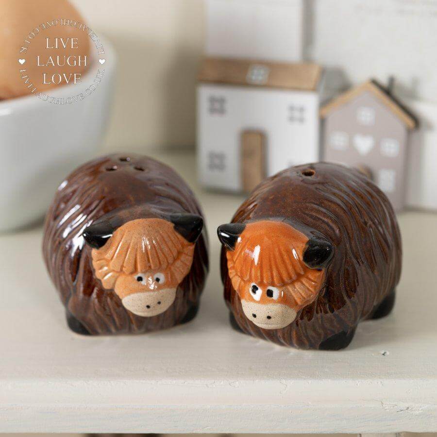 Highland Cow Salt & Pepper Cruet Set - Dark Horns - LIVE LAUGH LOVE LIMITED