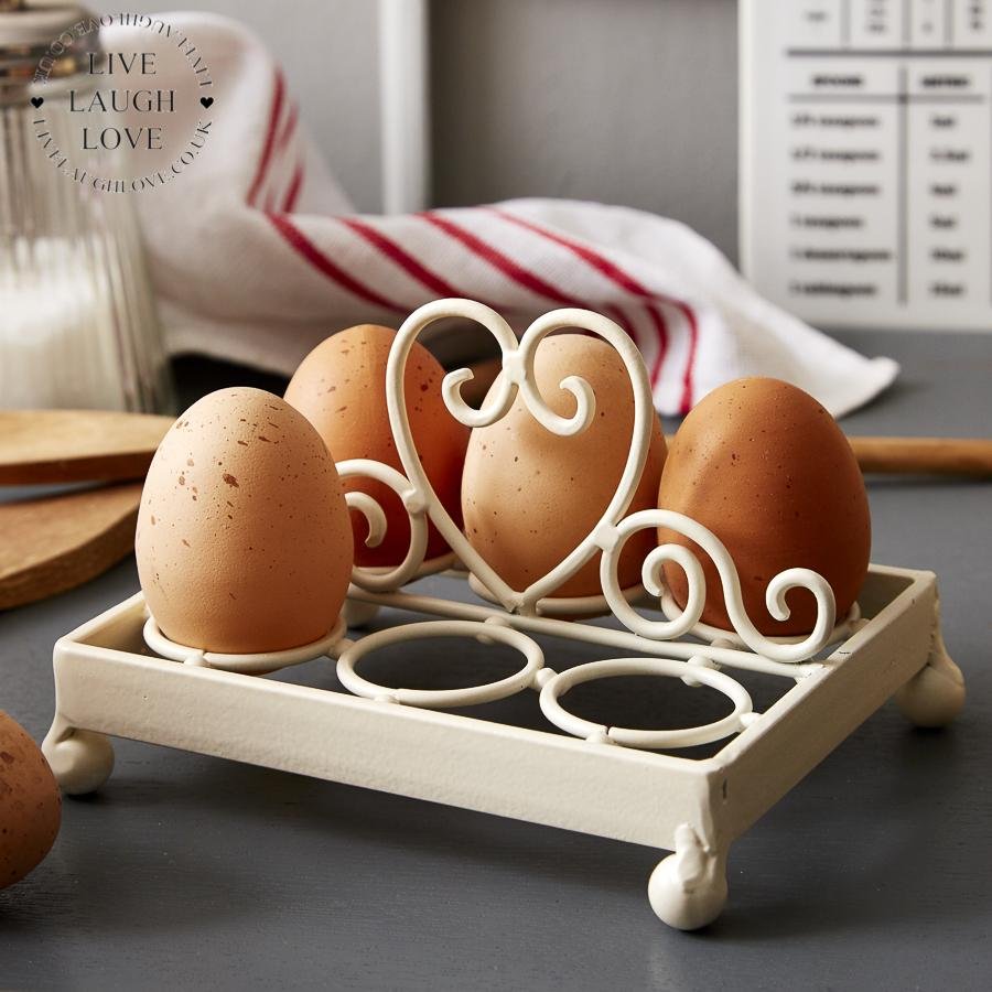 Ivory Metal Egg Holder With Heart Handle - LIVE LAUGH LOVE LIMITED