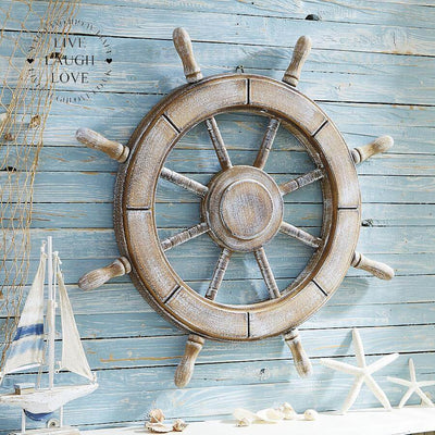 Large 62cm Whitewash Wooden Ships Wheel - LIVE LAUGH LOVE LIMITED