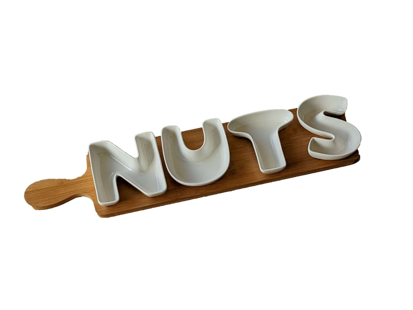 Large Bamboo & White Ceramic NUTS Tray 50cm - LIVE LAUGH LOVE LIMITED