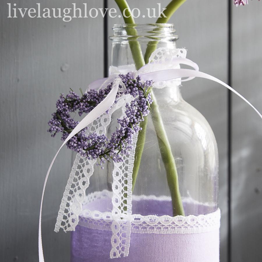 Large Clear Glass Bottle W/ Lavender Heart & Lace Bow - LIVE LAUGH LOVE LIMITED