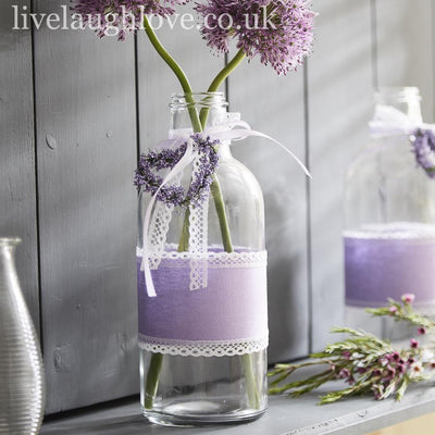 Large Clear Glass Bottle W/ Lavender Heart & Lace Bow - LIVE LAUGH LOVE LIMITED