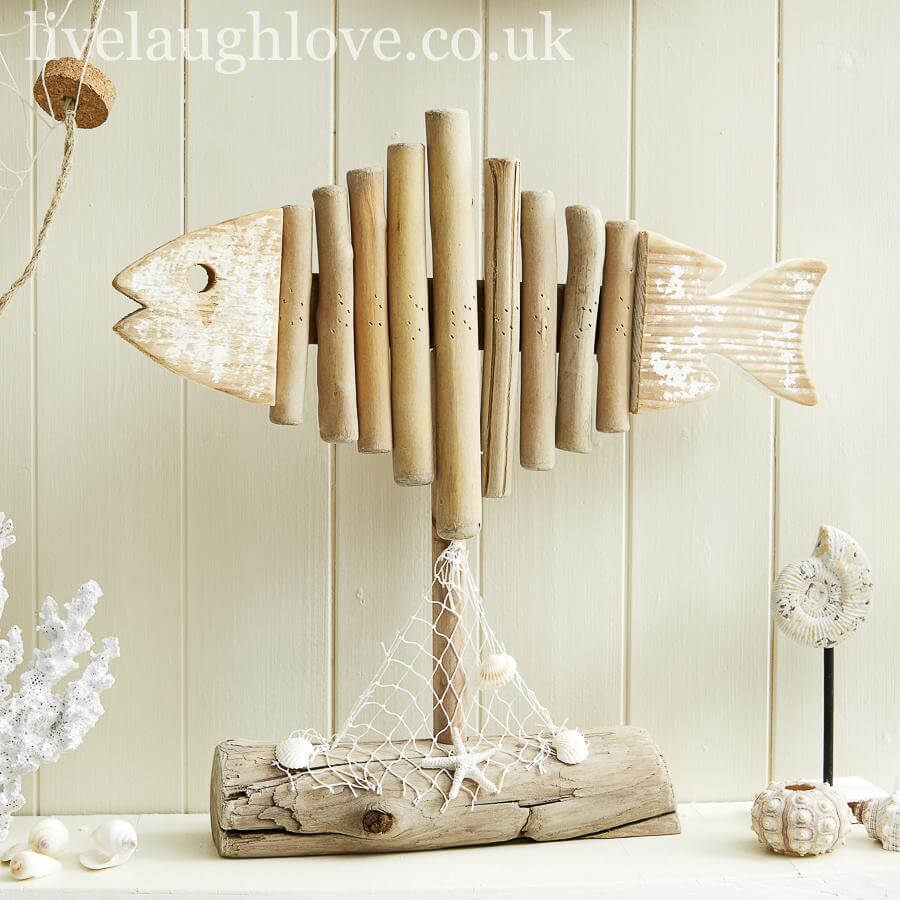 Large Driftwood Nautical Fish W/ Net & Shells - LIVE LAUGH LOVE LIMITED