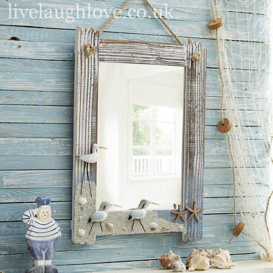 Large Nautical Wall Mirror W/ Seagulls, Shells & Starfish - LIVE LAUGH LOVE LIMITED