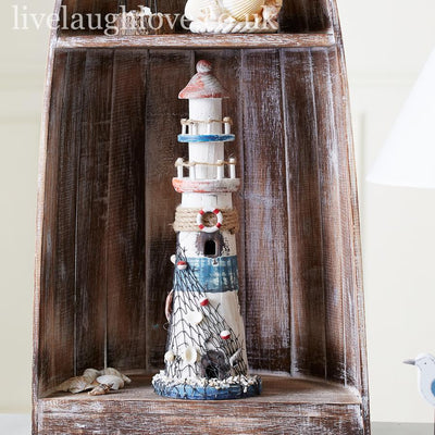 Large Rustic Wooden Lighthouse With Shells - LIVE LAUGH LOVE LIMITED