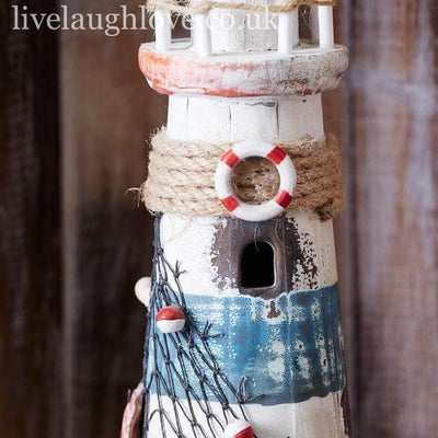 Large Rustic Wooden Lighthouse With Shells - LIVE LAUGH LOVE LIMITED