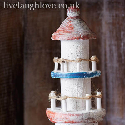 Large Rustic Wooden Lighthouse With Shells - LIVE LAUGH LOVE LIMITED