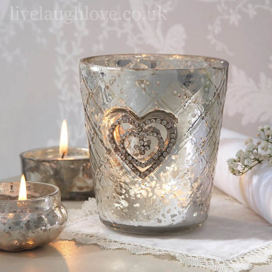 Mercury Glass Tea Light Holder with Heart ***Second*** - LIVE LAUGH LOVE LIMITED