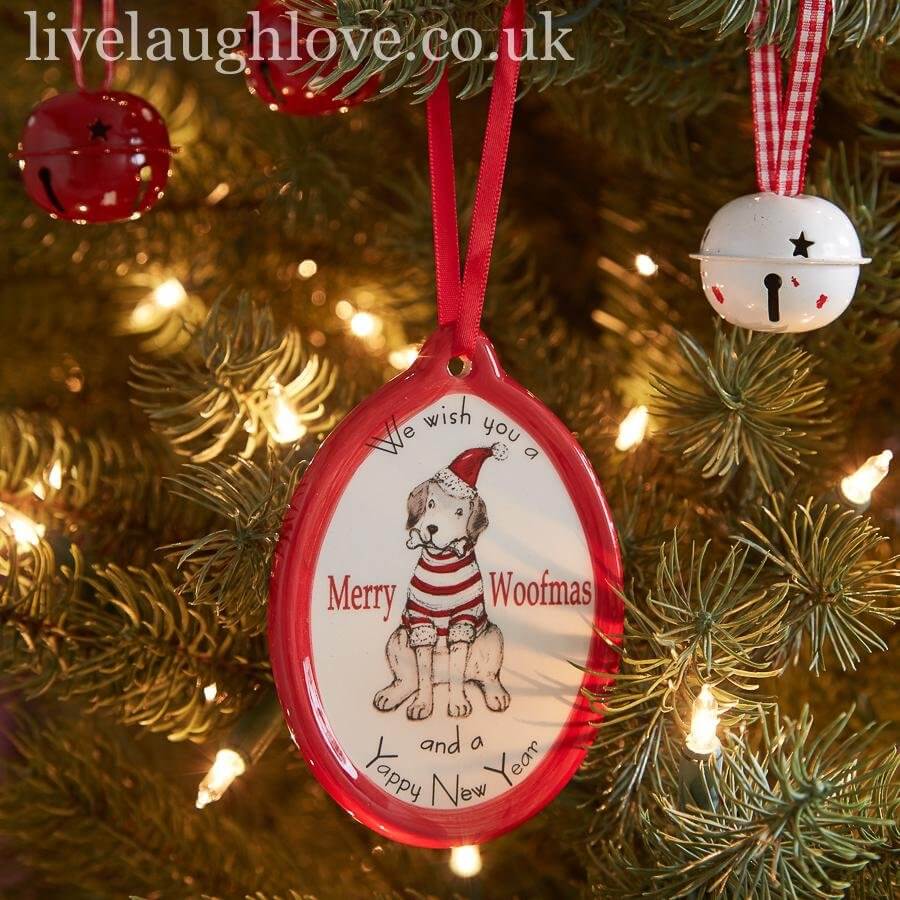 Merry Woofmas Ceramic Hanging Decoration - Stripe - LIVE LAUGH LOVE LIMITED
